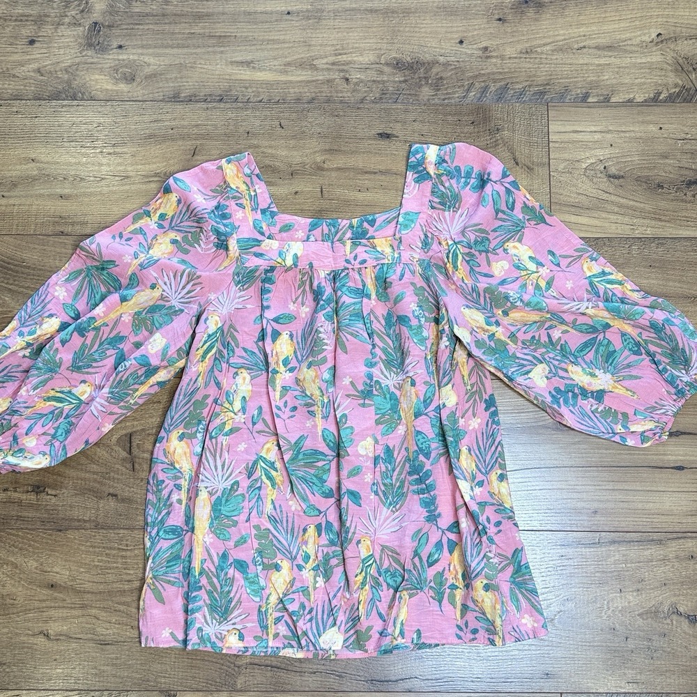 Lauren Conrad Pink‎ Parrot  Blouse Boho Tropical Puff Sleeve Top Shirt Womens S - Picture 2 of 5